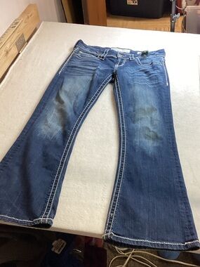 Ladies Blue Flare Jeans with Contrast Stitching